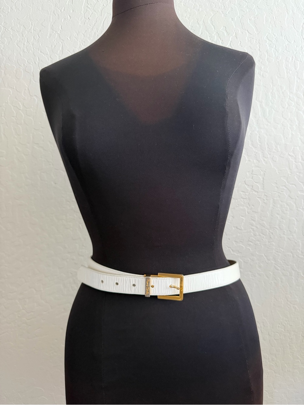 pierre cardin white belt textured, leather-and gold-tone buckle.